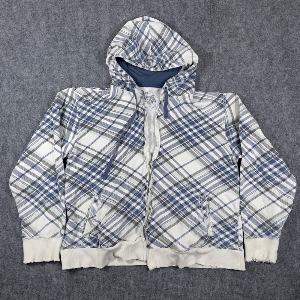 Y2K Machine Zip Up Hoodie Mens XXL White Blue Plaid Distressed Fleece Lined